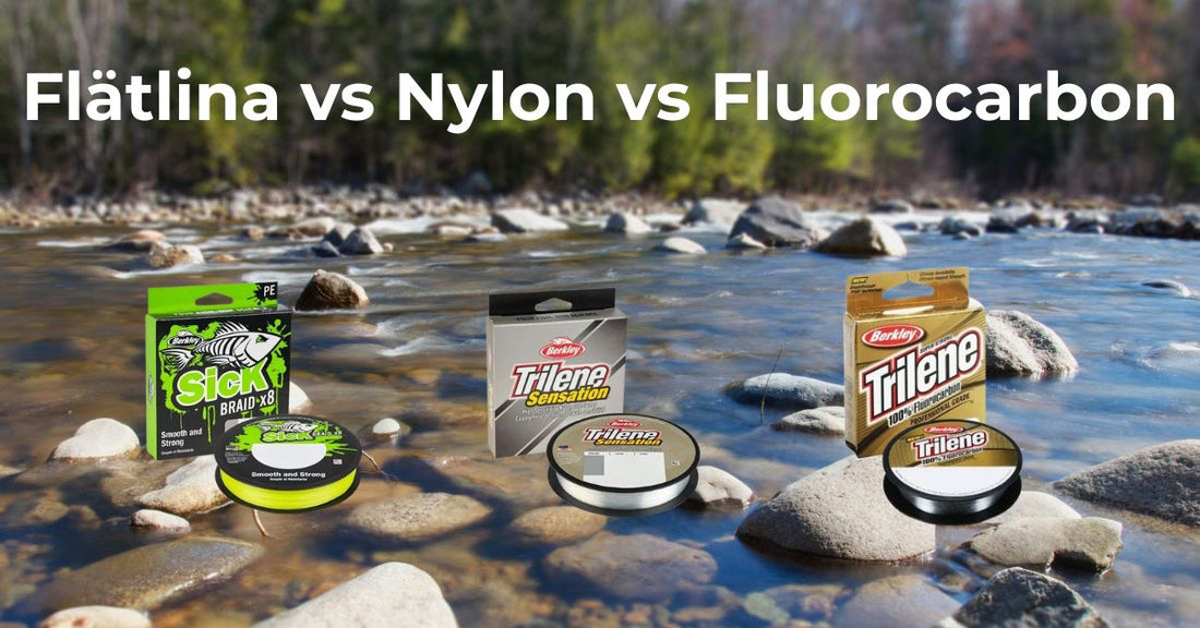 Jämförelse mellan tre typer av fiskelina: flätlina, nylonlina och fluorocarbon, placerade över en bäck med stenar i bakgrunden.
